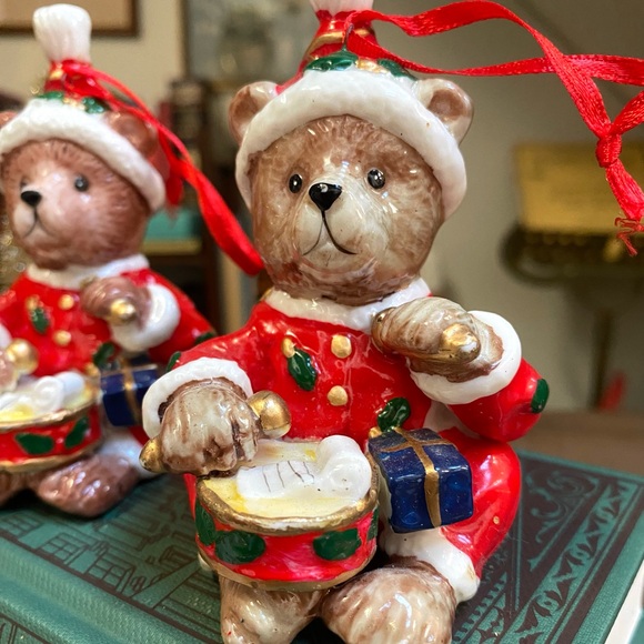 Vintage Teddy Bear Christmas Ornaments Set of 2, Christmas Bears Playing Drums - Picture 4 of 9